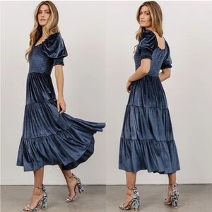 Baltic Born Vivaldi Smocked Velvet Midi Dress Blue